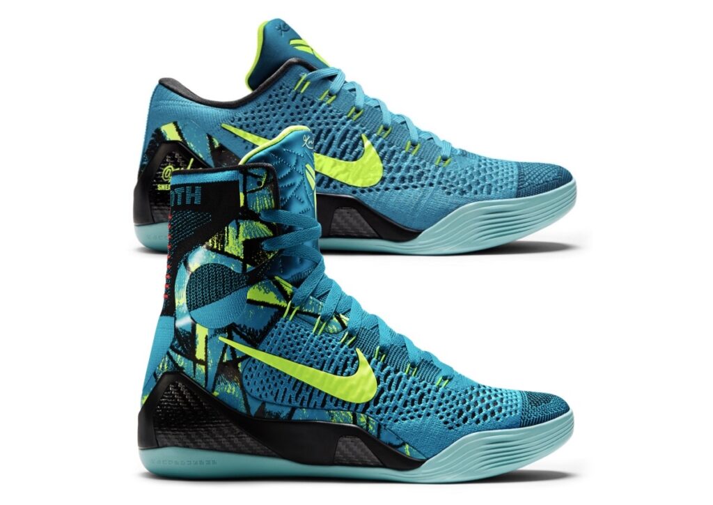 The Nike Kobe9 Elite Low Protro “Perspective” in its iconic Neo Turquoise and Volt colorway, showcasing the blend of style and performance