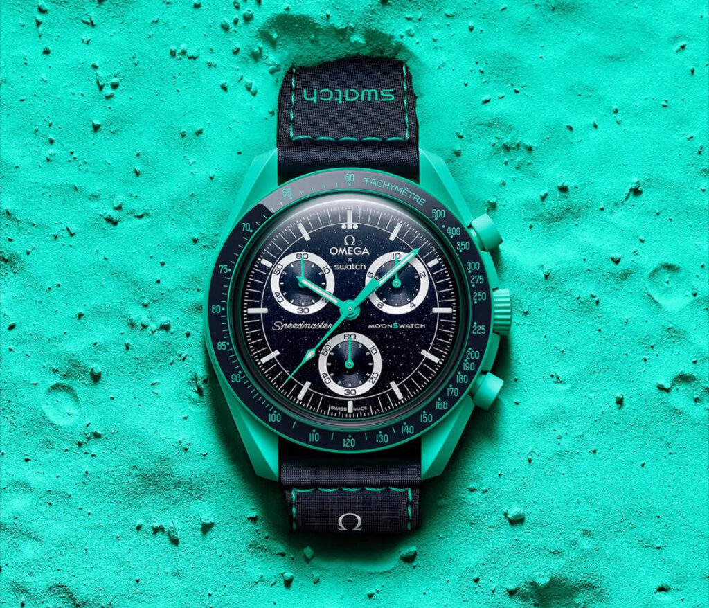 The Bioceramic MoonSwatch MISSION ON EARTH collection, showcasing unique designs influenced by Earth's elements and crafted with eco-friendly materials