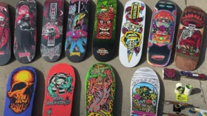 A colorful array of skateboard decks, wheels, and trucks from NHS subsidiaries, showcasing the diverse Spring '25 lineup designed for all skateboarding styles
