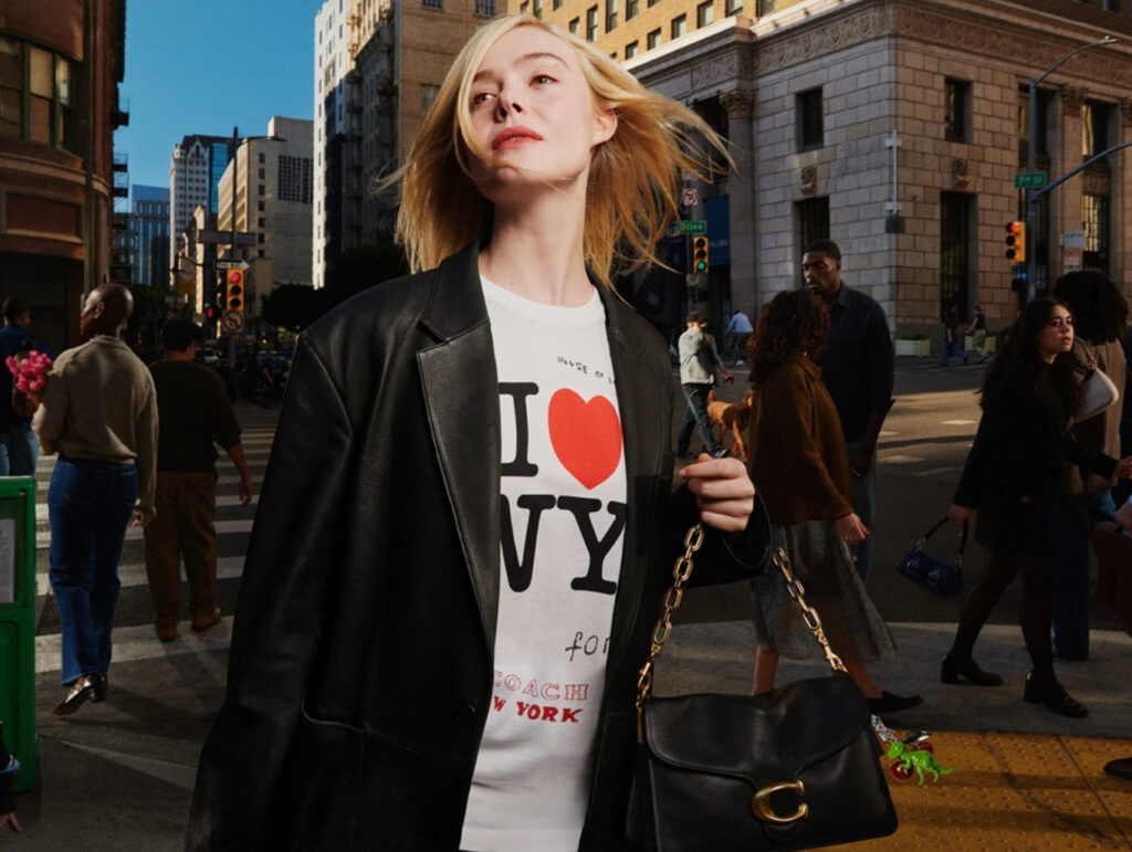 Elle Fanning starring in Coach's "On Your Own Time" Spring2025 campaign, embracing individuality and versatility in luxury fashion