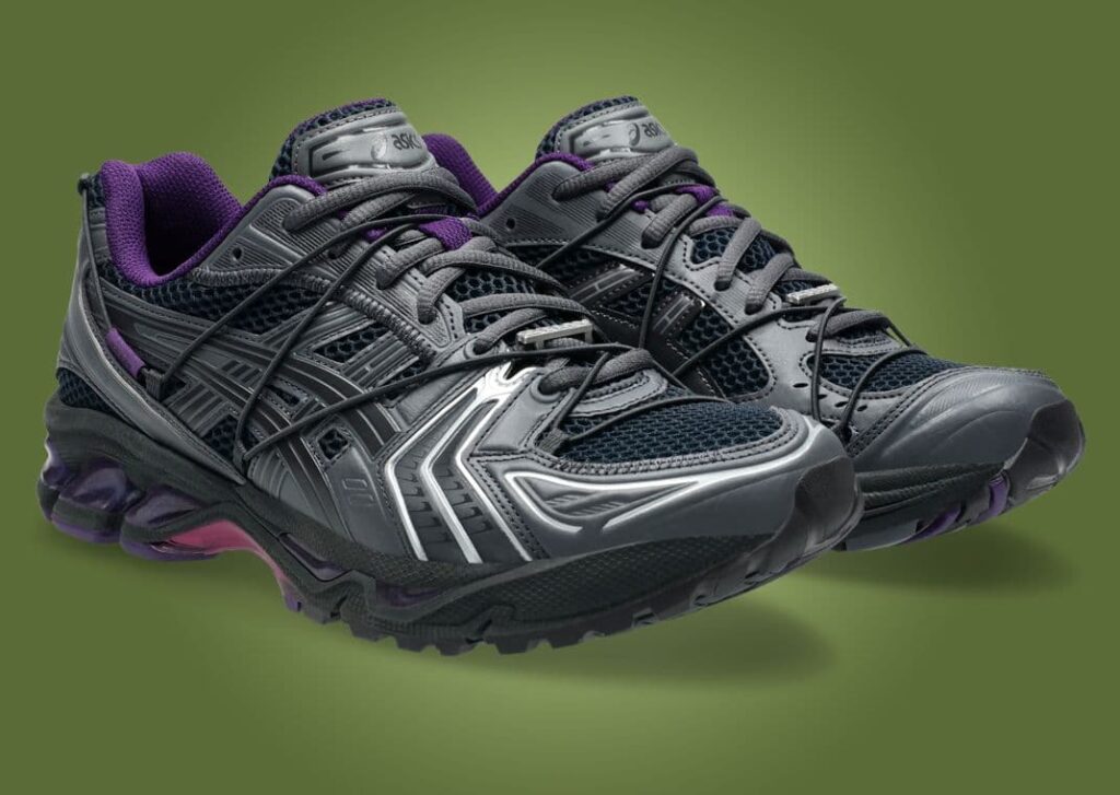 A pair of ZUTOMAYO x ASICS Gel-Kayano 14 sneakers, highlighting the striking color combinations and innovative design elements