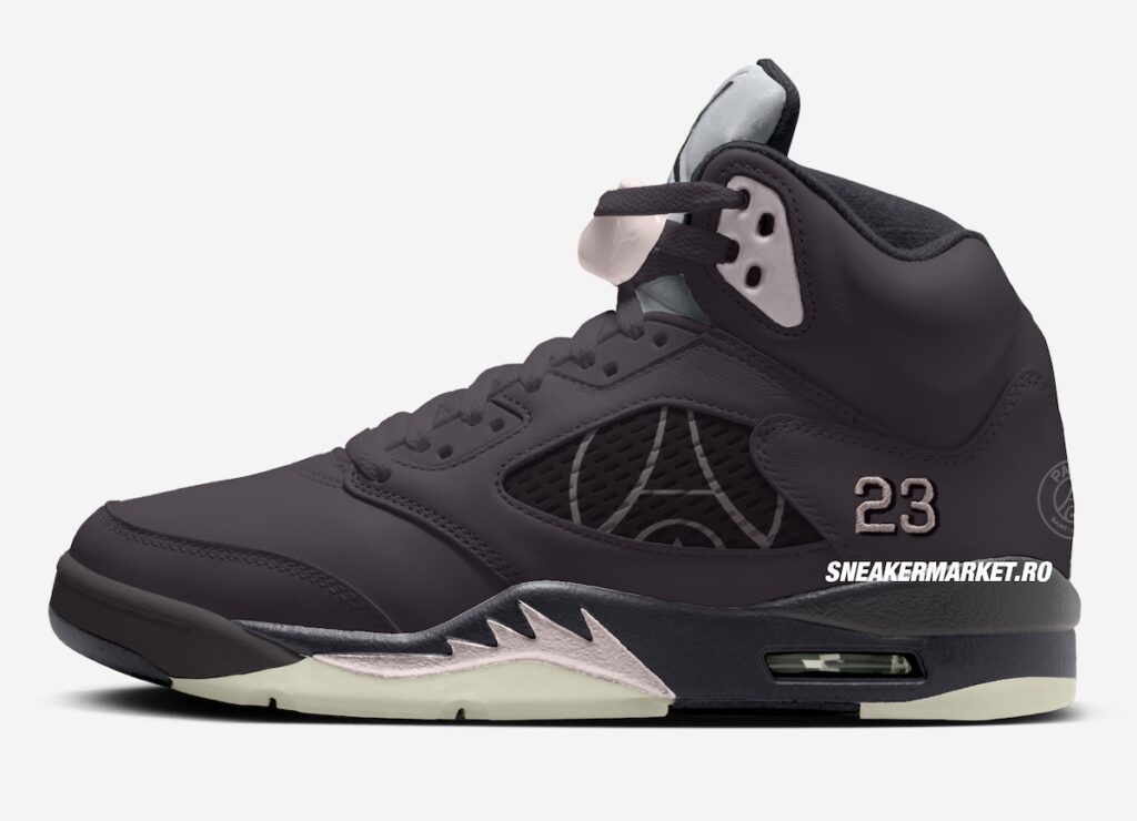 A mockup of the Air Jordan 5 "PSG" Holiday 2025 release, showcasing the collaboration between Paris Saint-Germain and Jordan Brand