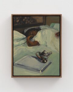 A captivating painting by Danielle Mckinney, showcasing a Black woman in a moment of rest and introspection