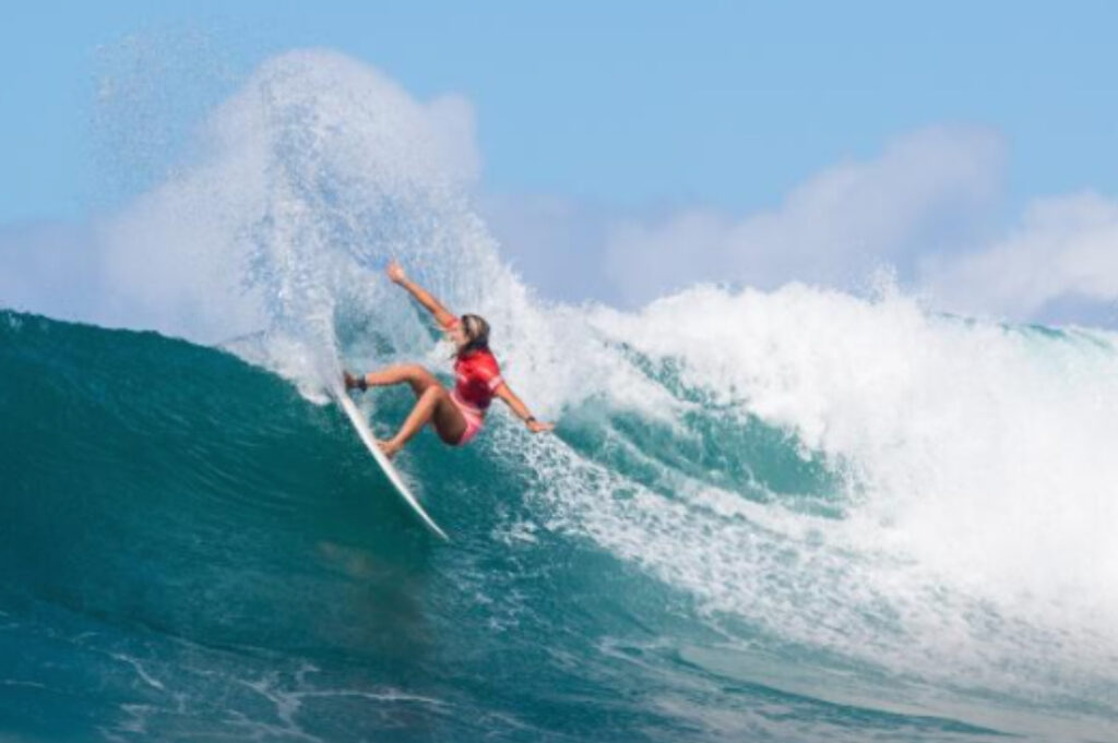 Zoe McDougall celebrating her WSL Hawaiian Islands HIC Haleiwa Pro victory, showcasing her surfing prowess in the Qualifying Series event