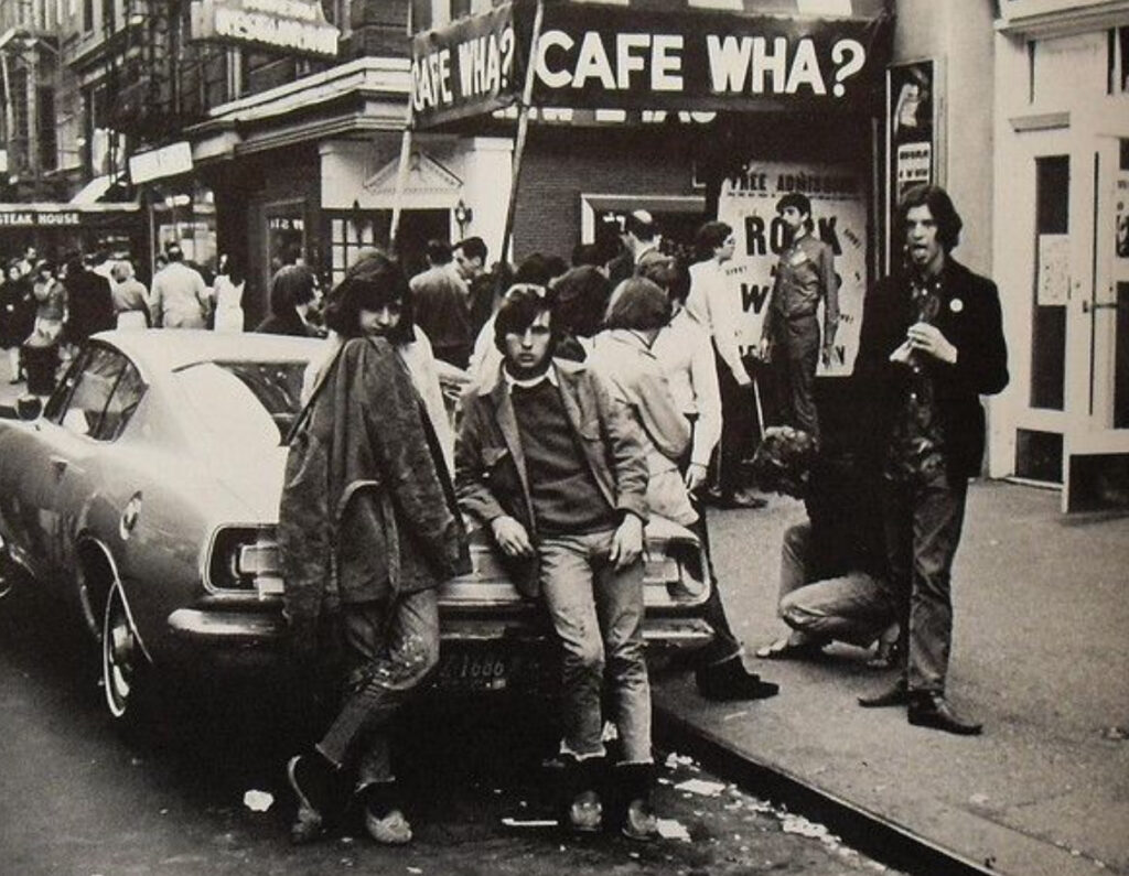 A nostalgic view of Greenwich Village in the 1960s, featuring iconic musicians and historic music venues