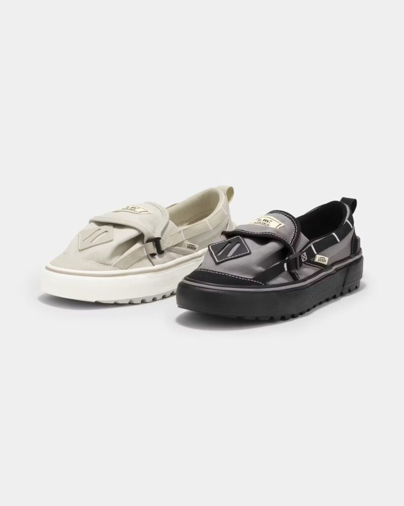 A pair of Nicole McLaughlin x Vans Slip-ons featuring multiple pockets and sustainable materials for a functional design