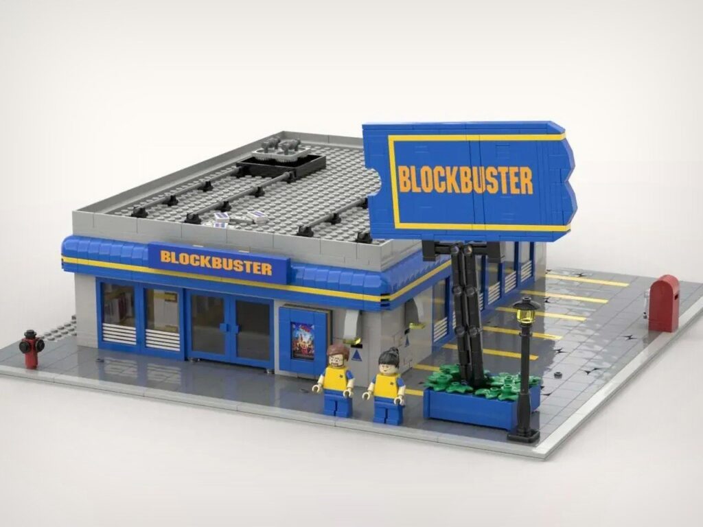 LEGO Blockbuster Set showcasing iconic ‘90s movies, characters, and nostalgic elements from the golden age of film rentals