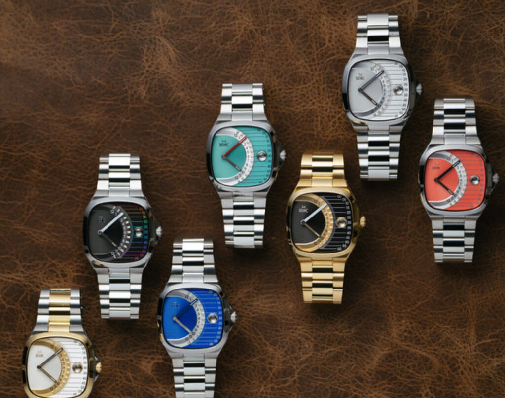 The Xeric Timeline Retrograde Automatic, a vintage-inspired watch featuring a unique double-retrograde time display mechanism