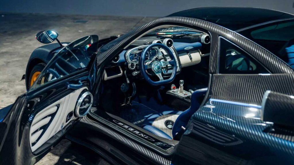 The 2011 Pagani Zonda Tricolore, one of only three ever made, featuring a blue carbon fiber body with Italian tricolor accent