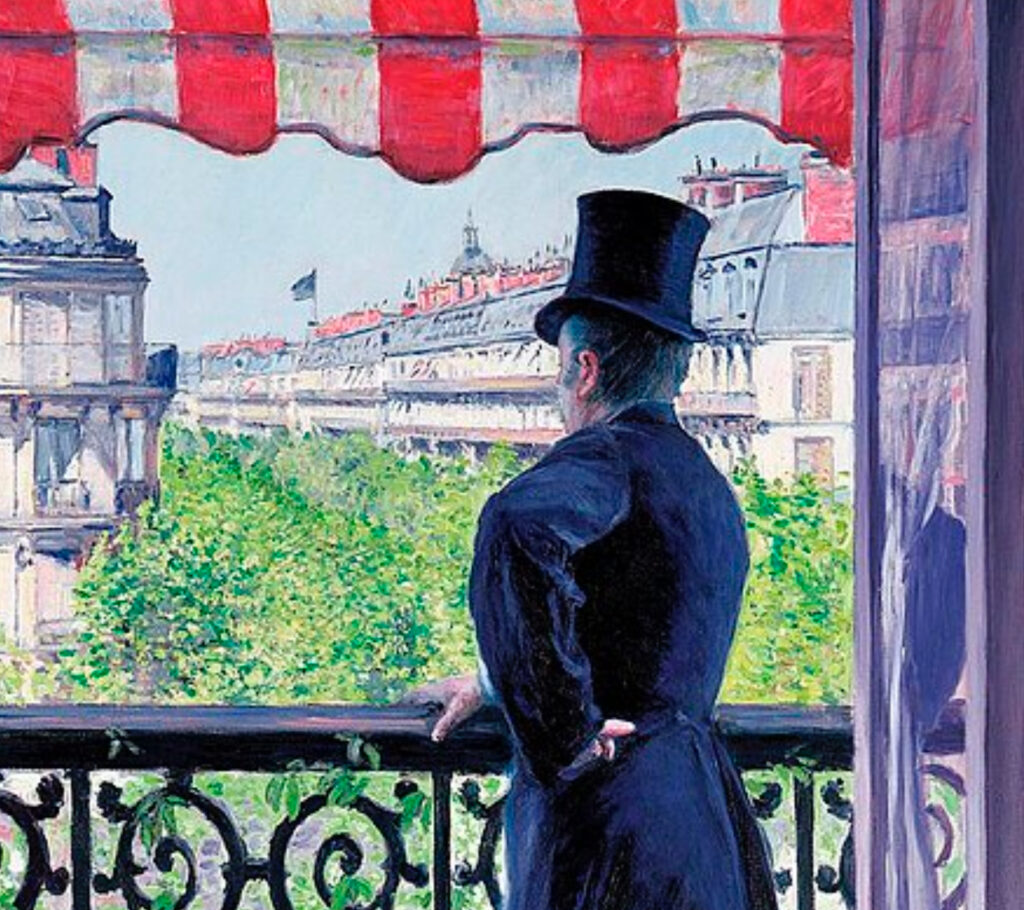 Painting of The Man on the Balcony, Boulevard Haussmann by Gustave Caillebotte, depicting a man overlooking 19th-century Paris
