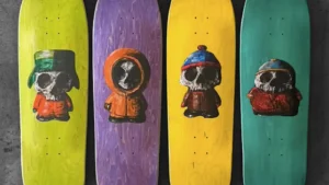 A Zero Skateboards Southpark Horror deck, featuring a vibrant horror-themed design with unique shapes and bold colors