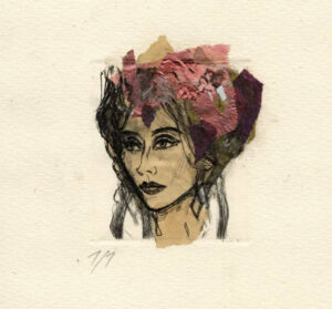 “Homage à Botticelli III” by Ute Rathmann, a drypoint etching on collage, inspired by Botticelli’s Renaissance masterpieces