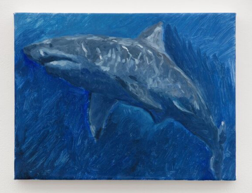 A thought-provoking painting by Charles Hascoët depicting a shark in a dreamlike oceanic scene, blending realism and abstraction