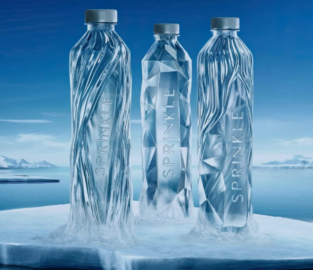 Sprinkle's eco-friendly water bottles, featuring a unique label-free design that highlights the effects of climate change