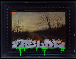 "Freude, 2025" by Hoodkitsch masterfully combines acrylic, spray paint, and reclaimed oil painting to create an innovative urban expressionist piece