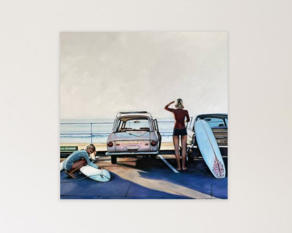 "Pre-Surf Parking Vibes" by Thomas Saliot, depicting the energy and camaraderie of surfers before hitting the waves
