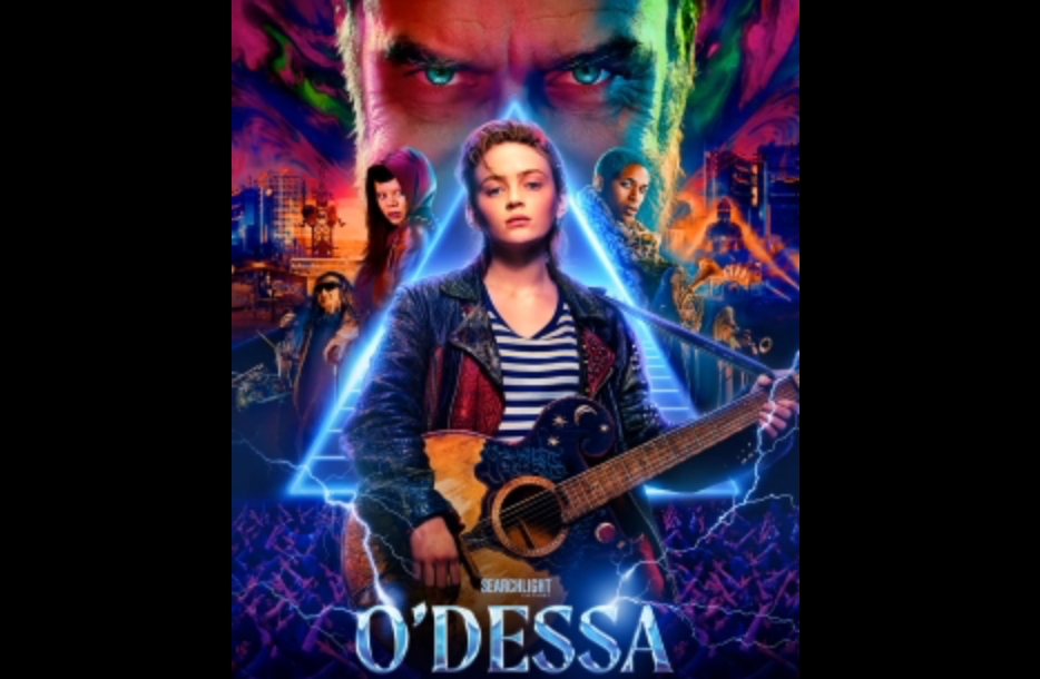 O'Dessa (2025) official movie poster featuring lead actress Sadie Sink in a post-apocalyptic setting