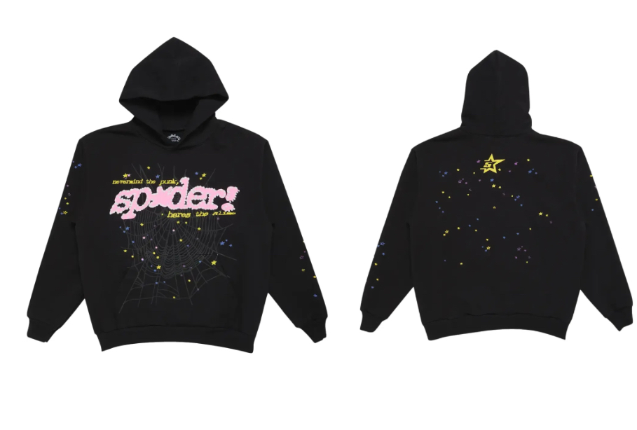 A black graphic-print hoodie by SP5DER showcasing the brand's signature fusion of contemporary art and street culture