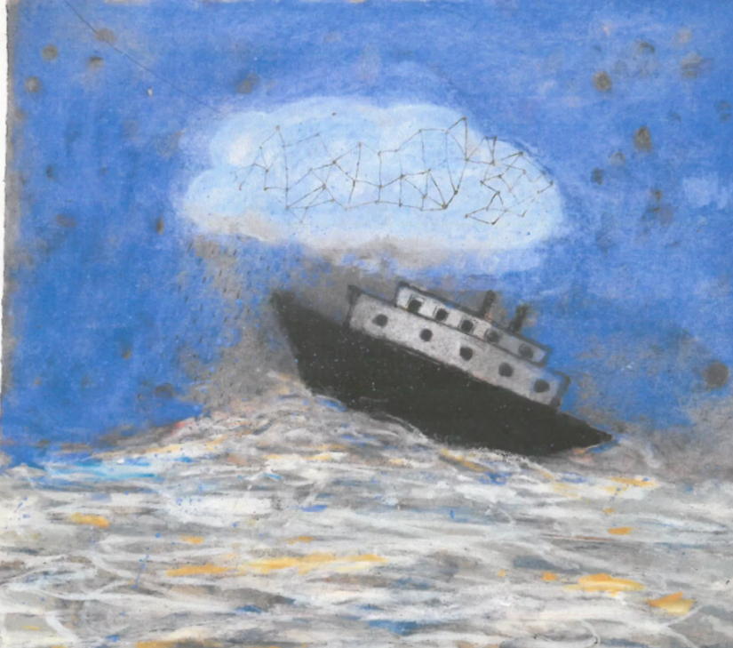 A detailed image of Squeak Carnwath's "Cloud Map" (2024), showcasing the artist's unique approach to abstract expressionism in a captivating monoprint