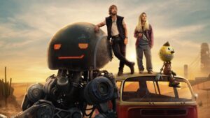 A futuristic depiction of an orphaned teenager, a friendly robot, and a rough-edged drifter on an epic adventure through a technologically advanced version of the American West