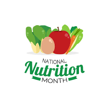 National Nutrition Month logo with colorful fruits and vegetables promoting healthy eating habits