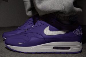 Supreme x Nike Air Max 1 limited edition shoe in four colorways: Speedy Yellow, Varsity Purple, Black, and White