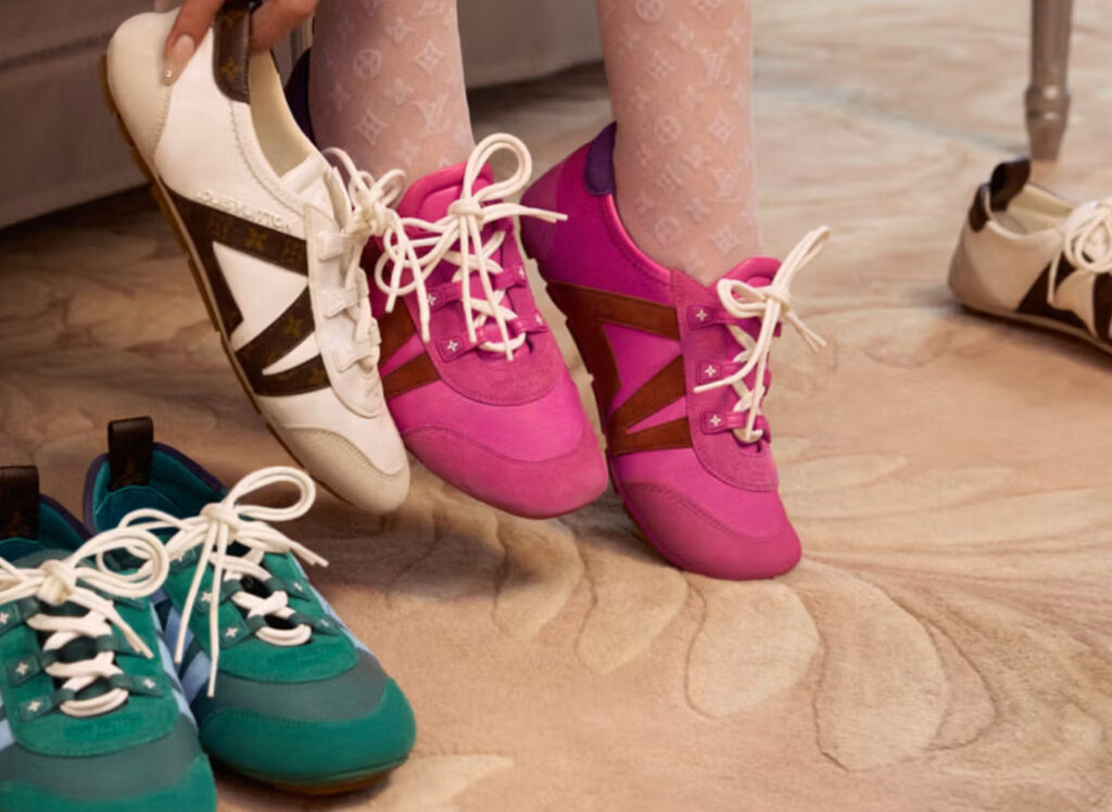 Close-up of Louis Vuitton Sneakerina trainers with soft mesh upper and sculpted sole on a minimalist studio background