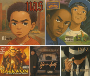 Illustration of a classic NYC hip-hop album cover reinterpreted in the soft, whimsical art style of Studio Ghibli