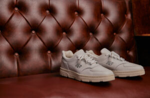 New Balance Allerdale Made in UK sneaker in White with Mirage Grey, side profile on neutral background