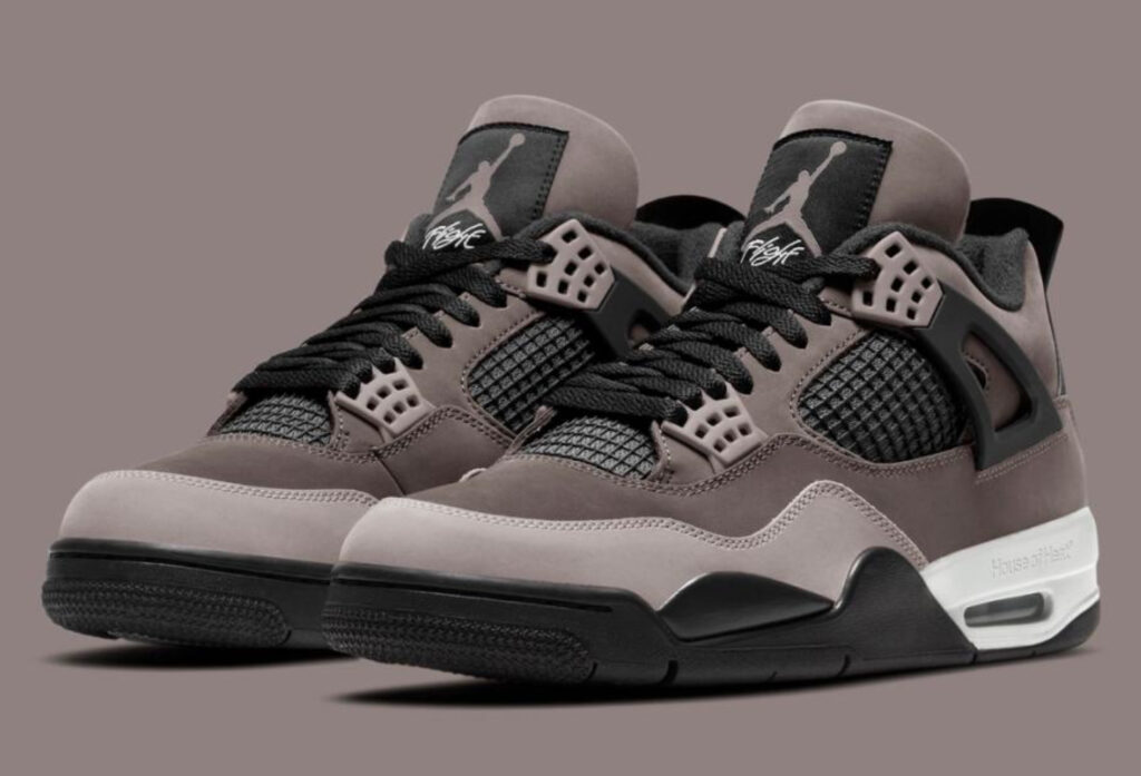 Air Jordan 4 “Cave Stone” showcasing grey-brown nubuck upper with black accents and Nike Air branding on the heel