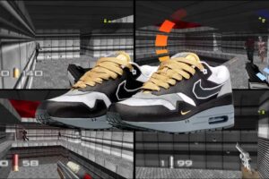Close-up of Nike Air Max 1 GoldenEye 007 sneaker featuring tuxedo-inspired black and white design with gold accents