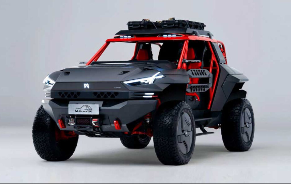 Dongfeng M-Hunter electric off-road SUV with exposed exoskeletal frame and red roll cage, parked in rugged terrain
