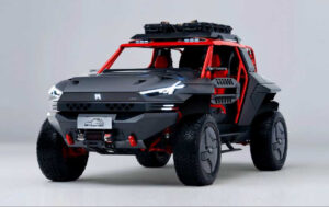 Dongfeng M-Hunter electric off-road SUV with exposed exoskeletal frame and red roll cage, parked in rugged terrain
