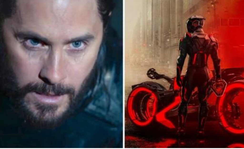 Jared Leto as Ares in Tron: Ares trailer, riding a futuristic light cycle through a dark cityscape as digital chaos unfolds