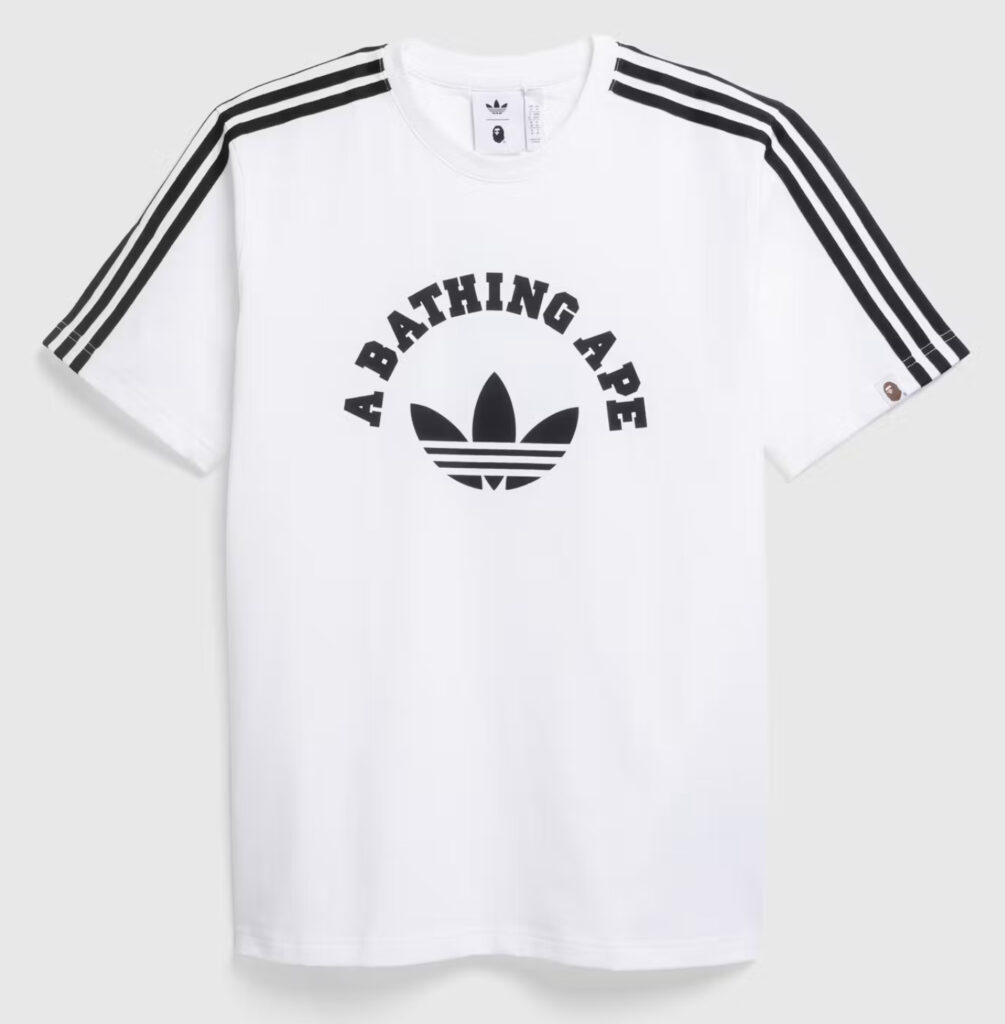 adidas x BAPE White Tee featuring co-branded logos on premium cotton with minimalist design and clean silhouette