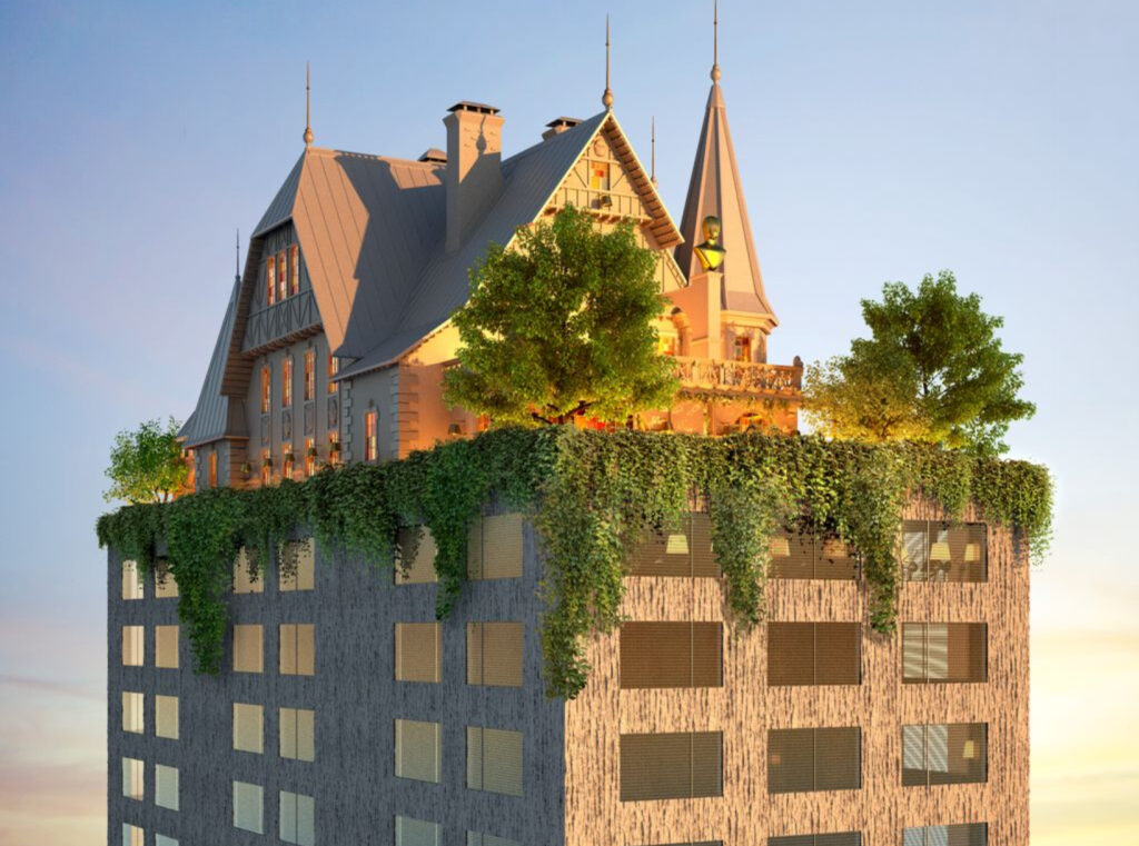 Maison Heler in Metz: A modern nine-story tower topped with a traditional 19th-century Lorraine-style mansion, designed by Philippe Starck