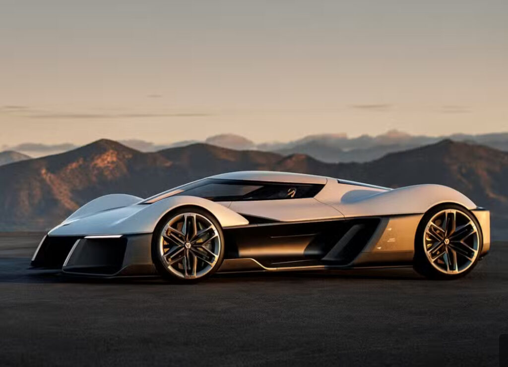 Futuristic electric Corvette concept car with gullwing doors, aerodynamic design, and split-window rear