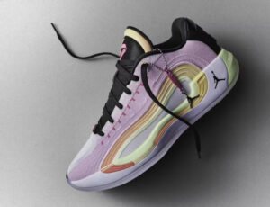 Jordan Luka 4 shoe in ‘Space Navigator’ colorway, showcasing its sleek design and vibrant green accents