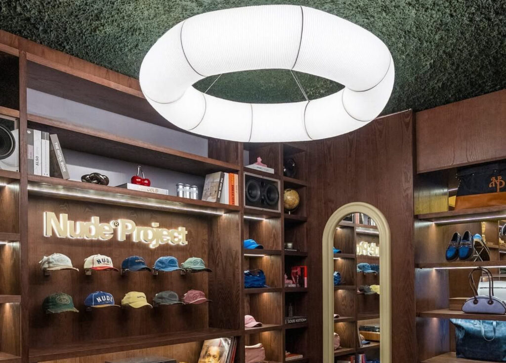 Interior view of The Nude House, Nude Project’s first flagship store in Madrid, featuring warm wood and streetwear displays
