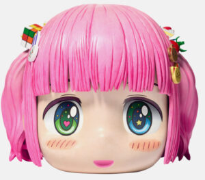 Close-up of the Hikari Head Collectible in “Pink” by Japanese artist Mr., featuring signature hair accessories and stylized vinyl finish