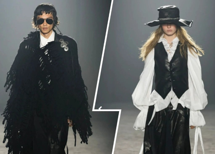 Model wearing layered deconstructed tailoring with lace and distressed denim from Ann Demeulemeester Fall 2025 collection
