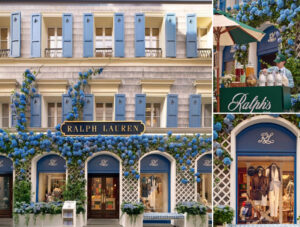Exterior of Ralph Lauren’s Milan flagship styled in blue-and-white Hamptons décor with hydrangeas and vintage home fabrics.