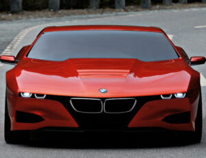 Front three-quarter view of the BMW M1 Hommage concept car, showcasing wedge design and modern reinterpretation