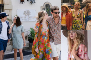 Character from The White Lotus walking through a luxury resort in linen and silk, reflecting the show’s fashion influence