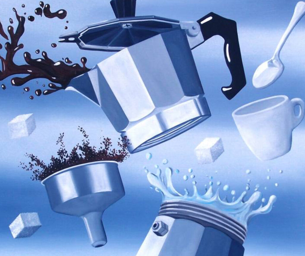 Oil on canvas artwork by Trevisan Carlo using coffee tones and textures, evoking Italian café culture and ritual