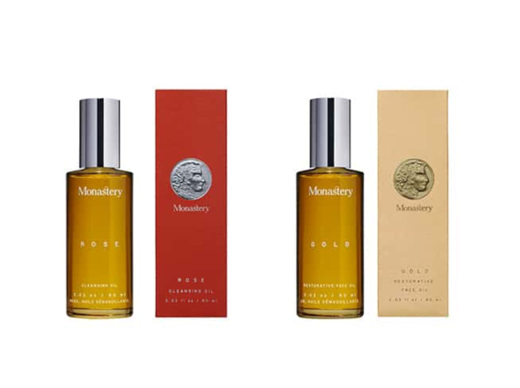 The Monastery Acne Kit featuring Rose Cleansing Oil and Gold Healing Serum, displayed in minimalist, natural packaging