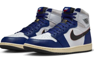 Air Jordan 1 Retro High OG “Rare Air” shoes in Deep Royal Blue, featuring leather overlays and alternate collar branding.