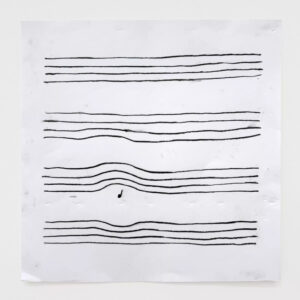 Christine Sun Kim’s abstract charcoal drawing “Untitled Ripple” (2025), a fluid wave-like form across white papeR