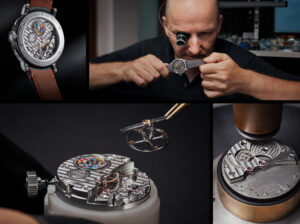 Louis Vuitton x Voutilainen LVKV-02 GMR 6 watch featuring hand-guilloché blue dial, platinum case, and retrograde GMT function