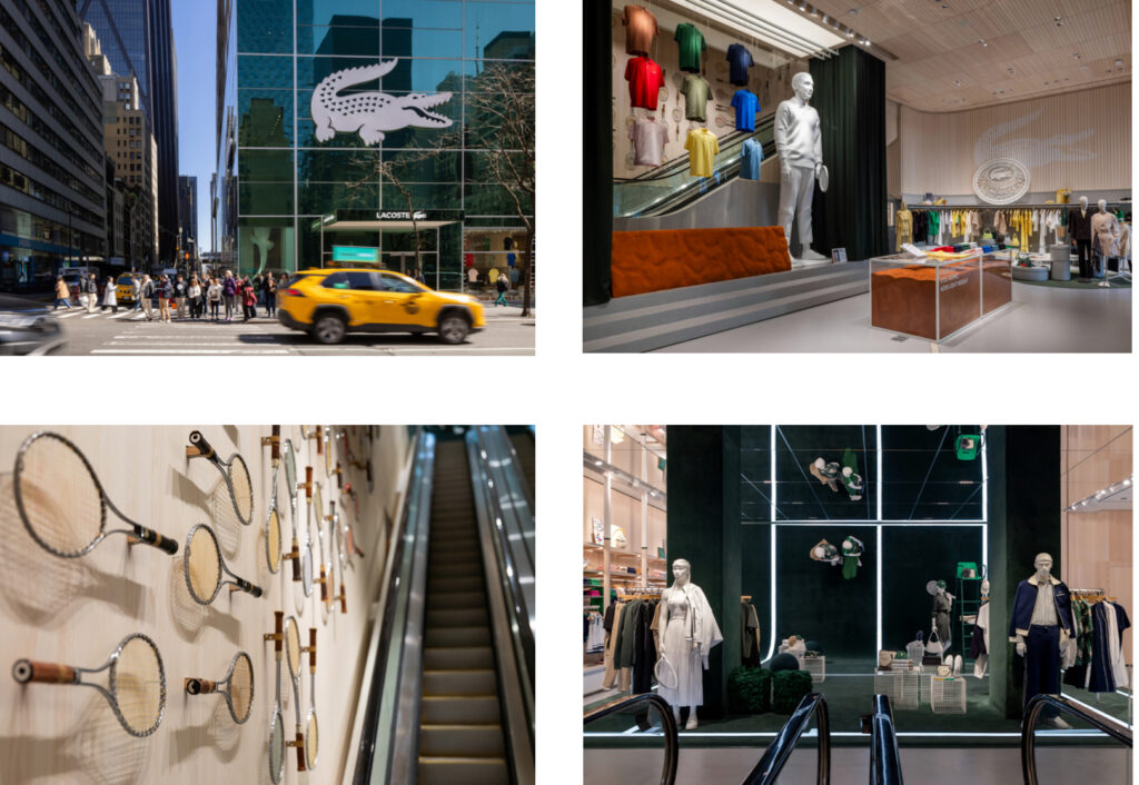 Lacoste’s new flagship store on Fifth Avenue in NYC, featuring a deconstructed tennis court interior and interactive retail
